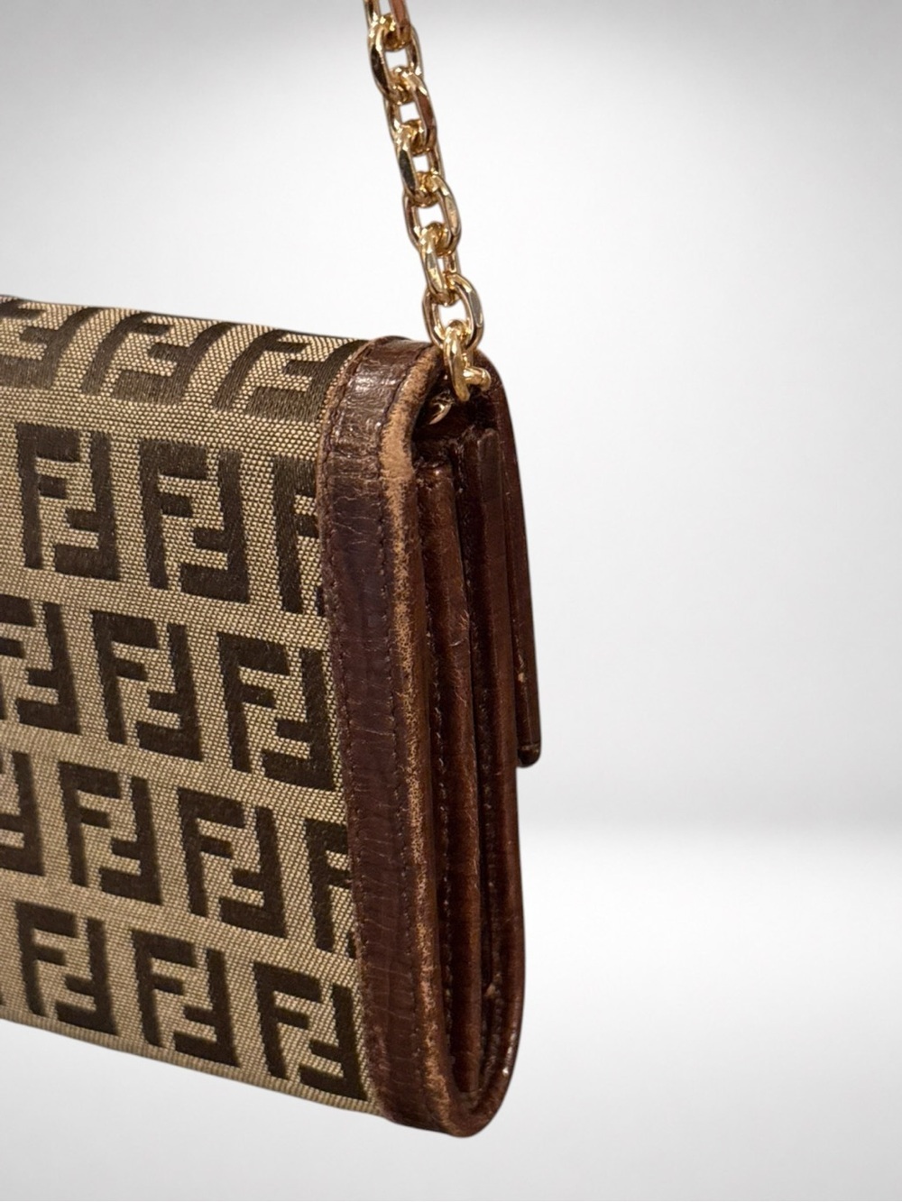 FENDI Zucca Canvas Chain Wallet Crossbody Brown FF Logo Leather Gold Hardware - Picture 5 of 16